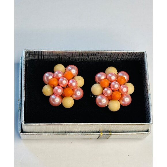 Vintage Japan Cluster Clip-On Earrings Pink & Orange Faux Pearls Flower Design W - Picture 3 of 7